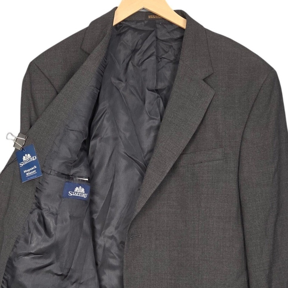 Stafford Hopsack Blazer Men 46R Charcoal Gray Wool Blend 2-Button Sport Coat NEW